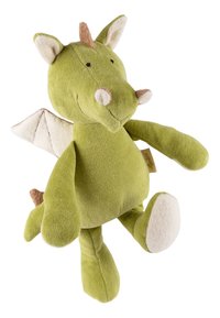 Green plush dragon toy with beige accents. Features soft texture, rounded body, white wings, a small nose, and a smiling face.