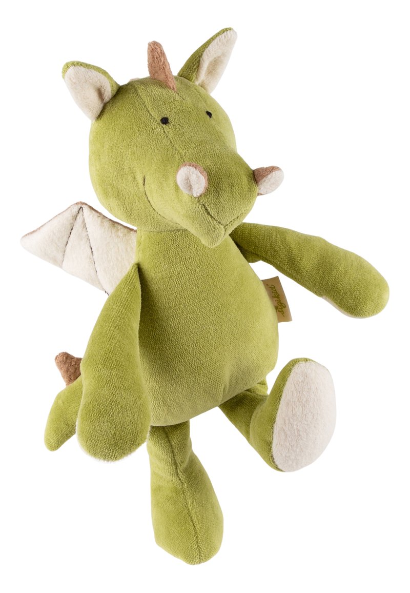 Green plush dragon toy with beige accents. Features soft texture, rounded body, white wings, a small nose, and a smiling face.