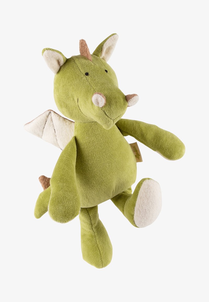 Green plush dragon toy with beige accents. Features soft texture, rounded body, white wings, a small nose, and a smiling face.