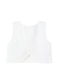 Top bianco senza maniche con orlo posteriore arrotondato, tessuto morbido e design pulito, con un pannello sovrapposto sul retro per un tocco di dettaglio in più.