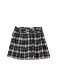Gonna a quadri bianco e nero con pieghe, caratterizzata da una texture liscia e una vita aderente con passanti per la cintura.
