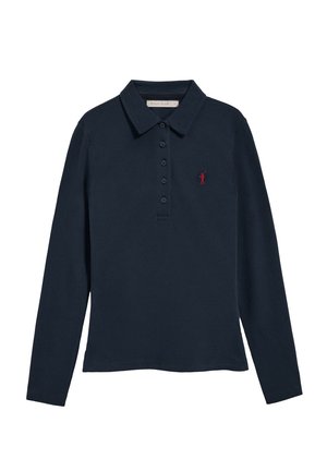 Langarm polo shirt van marineblauw katoen met een klassieke kraag, knopen aan de voorkant en een klein rood geborduurd logo op de linkerborst.