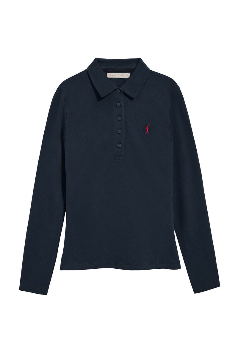 Mörkblå långärmad polotröja i bomull med klassisk krage, framknäppning och en liten röd broderad logotyp på vänster bröst.