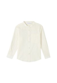 Camicia a maniche lunghe color crema chiaro con colletto alla mandarina, tasca frontale, chiusura con bottoni e tessuto morbido e testurizzato. Design semplice e minimalista.