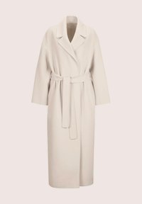 Beige trenchcoat met een kraag, brede mouwen en een strikceintuur op de taille. Heeft zijzakken en een rechte snit.
