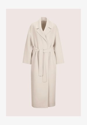 Beige Trenchcoat mit Kragen, weiten Ärmeln und einem gebundenen Gürtel in der Taille. Verfügt über Seitentaschen und ein gerades Schnittdesign.