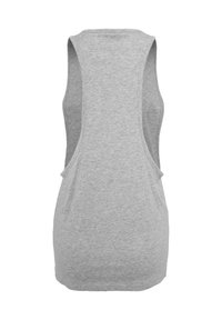 Graues ärmelloses Tanktop aus weichem, leichtem Material mit lockerer Passform, das erweiterte Armlöcher und einen abgerundeten Saum aufweist.
