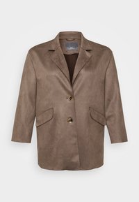 Brown faux suede blazer with notched lapels, two front pockets, and a single button closure. Features three-quarter length sleeves.