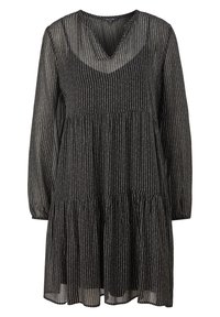 Robe noire à manches longues, col en V et design à volants. Présente des rayures verticales blanches et une texture transparente. Adaptée à diverses occasions.