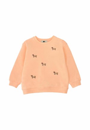 Pfirsichfarbener Langarm-Sweatshirt mit fünf kleinen, auf der Vorderseite verstreuten, braunen, bestickten Dackel-Motiven.