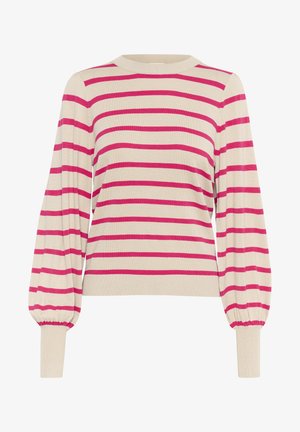 Pull en maille rayé beige avec des rayures horizontales fuchsia. Dispose de manches longues et bouffantes avec des poignets côtelés ajustés. Texture en maille douce.