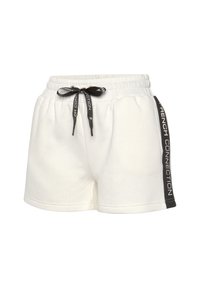 Weiße Baumwolle Sportshorts mit einem elastischen Bund und schwarzem Kordelzug. Mit seitlichen Akzenten, die in Schwarz mit "FRENCH CONNECTION"-Branding versehen sind.