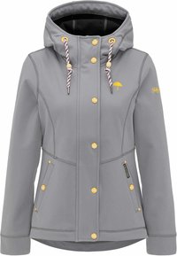 Šedá dámská bunda s kapucí a žlutými knoflíky, žluté logo deštníku na hrudi, kapuce na šňůrku s korálky a dvě přední kapsy.