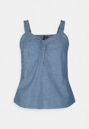 Jeans-Top mit dünnen Trägern, gerafftem Ausschnitt und einer Schleife vorne. Weicher, leichter Stoff in einem hellblauen Farbton.