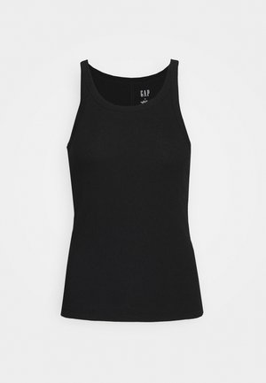 Zwart tanktop met een geribbelde textuur, voorzien van een ronde halslijn en brede schouderbanden. Merkentag zichtbaar aan de binnenkant van de halslijn.