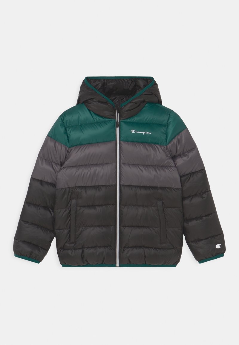 Children’s puffer jacket with hood, green, grey, and black color blocks, front zipper, side pockets, and Champion logos on chest and sleeve.