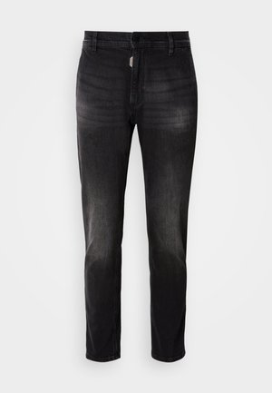 Black denim jeans with a straight cut, featuring a button fly, five pockets, and subtle fading in the fabric texture.