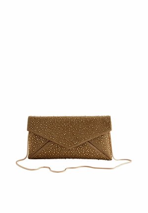 Brown envelope-style clutch bag covered with small gold studs and a thin, gold chain strap laid flat.
