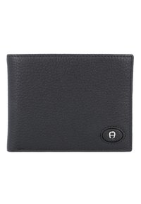 Schwarze Lederbrieftasche mit strukturiertem Finish, ausgestattet mit einem silbernen Emblem. Kompakte rechteckige Form mit genähten Kanten und abgerundeten Ecken.