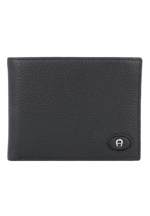 Black leather wallet with a textured finish, featuring a silver emblem. Compact rectangular shape with stitched edges and rounded corners.