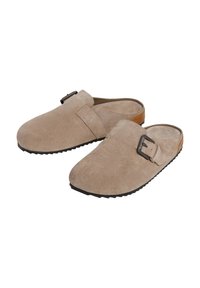 Bež zamšaste klompe na slip-on zapon, z zaobljenim nosom in teksturiranim gumijastim podplatom z utori za oprijem.