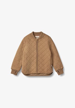 Lys brunt quilted jakke med rund hals, glidelås lukking, ribbestrikkede mansjetter og hem, med diamantmønstre over hele stoffet.