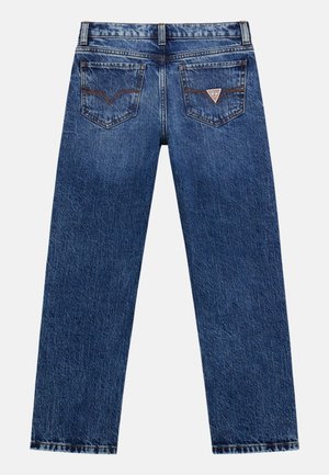 Jeans in denim blu con design a gamba dritta, dotati di due tasche posteriori con cuciture a contrasto e una piccola etichetta con logo sulla tasca destra.