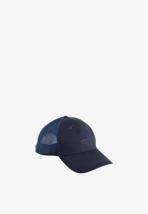 Granatowa siateczkowa czapka z daszkiem z zakrzywionym rondem i małym nadrukiem z napisem „camel active MADE FOR DAILY ADVENTURES” na przednim panelu.