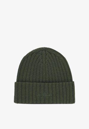 Berretto verde lavorato a maglia con texture a coste verticali e risvolto. Presenta un ricamo sottile sul risvolto.