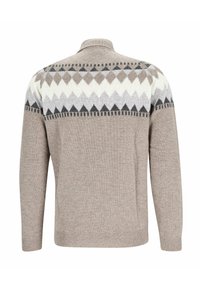 Beige gestrickter Pullover mit langen Ärmeln und einem geometrischen Zickzack-Muster in Weiß, Grau und Schwarz über dem oberen Rücken und den Schultern.