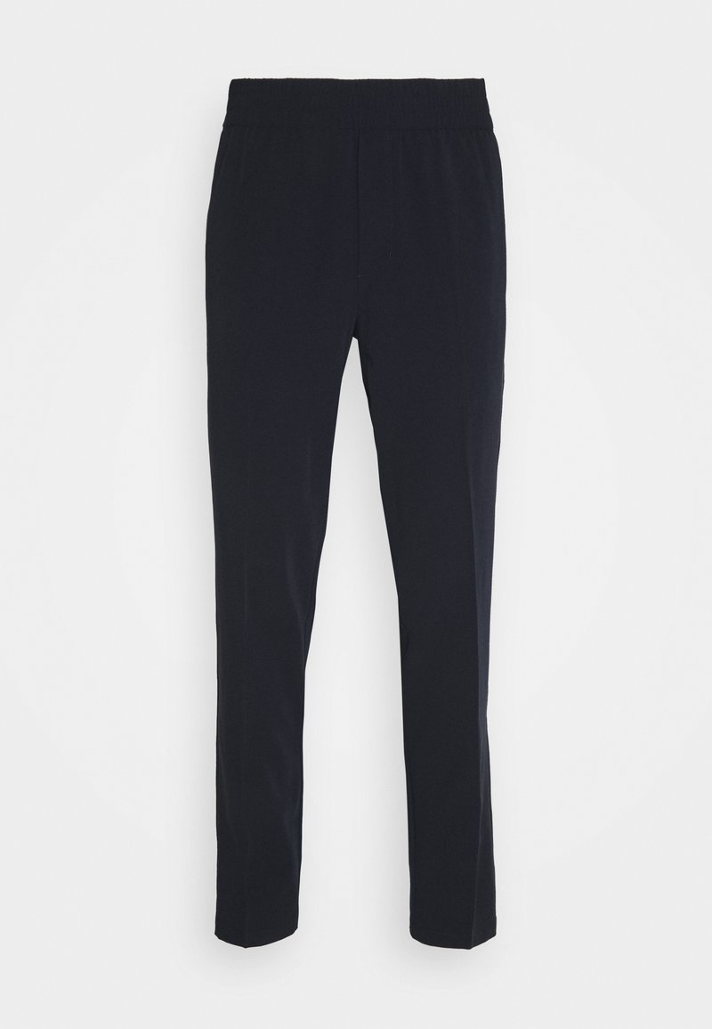Navy blue, lightweight pants made from soft fabric with an elastic waistband and straight leg design. No visible patterns or hardware.