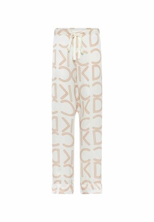 Lekki bawełniany dres w kolorze kremowym z dużym, miękkim różowym napisem. Posiada elastyczny pas z sznurkiem oraz ściągacze na nogawkach.