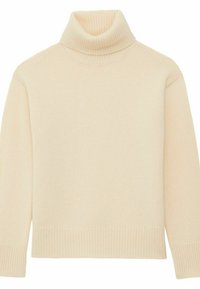 Pull en maille texturée de couleur crème avec col roulé, présentant des poignets et un col côtelés, une coupe décontractée et sans motifs visibles.