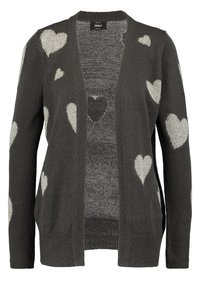 Tmavě šedý cardigan s jemnou pletenou texturou a světle šedými vzory srdcí. Design s otevřeným předním částí a ribovanými manžetami a spodním lemem.