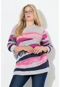 Maglione multicolore con strisce ondulate rosa, grigie e navy. Tessuto a maglia con collo e polsini a coste. Design lungo fino ai fianchi.