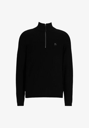 Zwarte pullover met een hoge kraag en een kwart rits. Beschikt over lange mouwen en een klein logo op de borst. Zachte gebreide textuur.