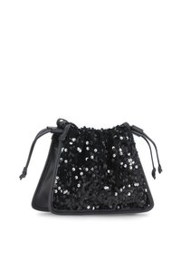 Borsa nera con una parte frontale in paillettes, dotata di chiusura a coulisse e lati in pelle a contrasto. Forma compatta e triangolare.