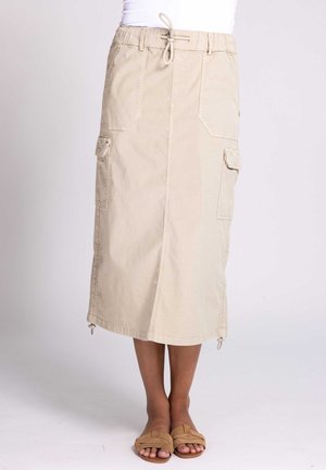 Beige cargo skirt with an elastic waistband, adjustable drawstring, two side pockets, and a straight cut, made from lightweight fabric.