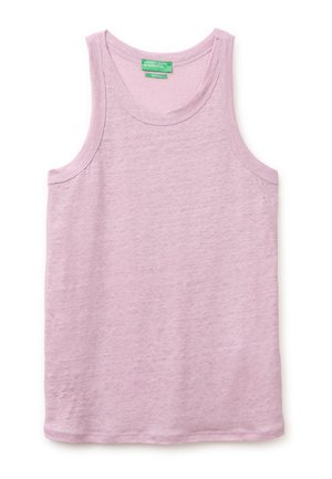 Jasnoróżowy bezrękawnik z okrągłym dekoltem i metką United Colors of Benetton na wewnętrznej stronie kołnierza.