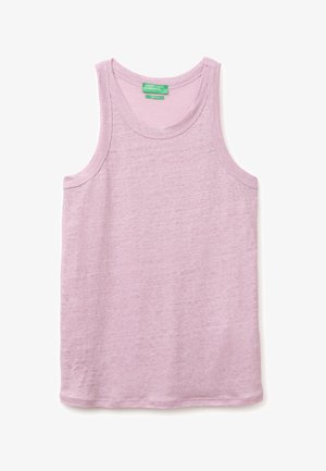 Débardeur rose clair sans manches avec encolure ronde et étiquette United Colors of Benetton à l'intérieur du col.