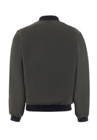 Sötétzöld bomber dzseki sima textúrával, bordázott gallérral és mandzsettákkal, illeszkedő derékrésszel és minimalista dizájnnal.