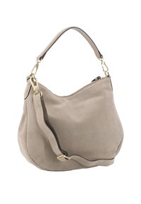 Beige suede handbag with a curved shape, featuring a top zipper closure and a single strap, accented with gold hardware.