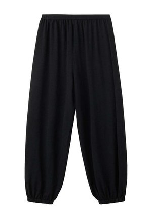 Pantalones negros sueltos con cintura elástica y puños elásticos en los tobillos, hechos de tela suave para uso informal.