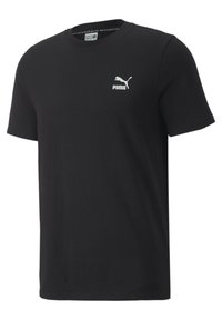 Sort bomuld t-shirt med korte ærmer, rund hals, og et hvidt Puma-logo på venstre bryst. Glat tekstur, standard pasform.
