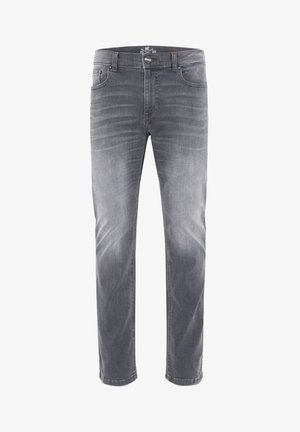 Gray denim jeans featuring a straight fit, five-pocket design, subtle fading, and a classic button closure with a branded waistband.