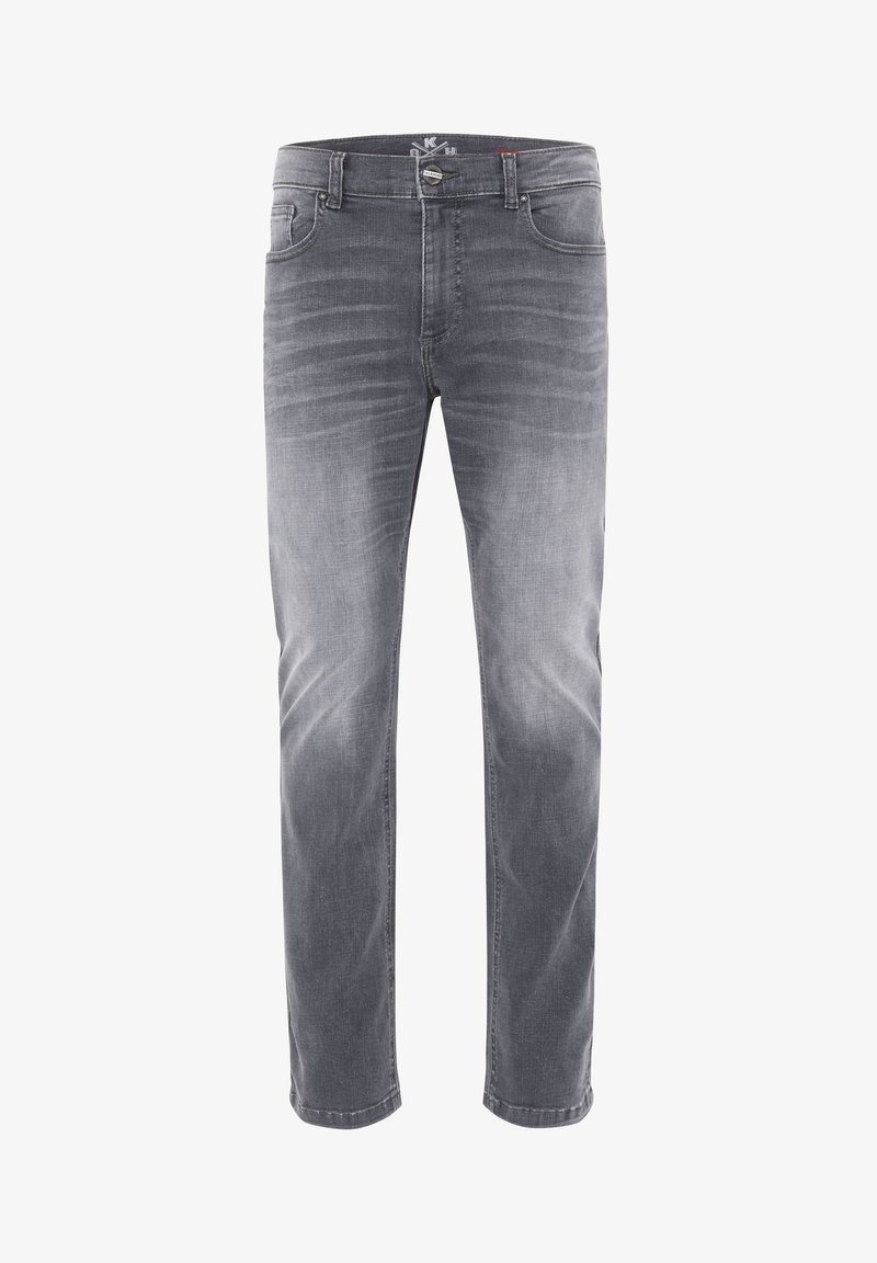 Graue Jeans aus Denim mit gerade geschnittenem Bein. Verfügt über dezente Waschungen, ein Fünf-Taschen-Design und einen Knopfverschluss an der Taille.