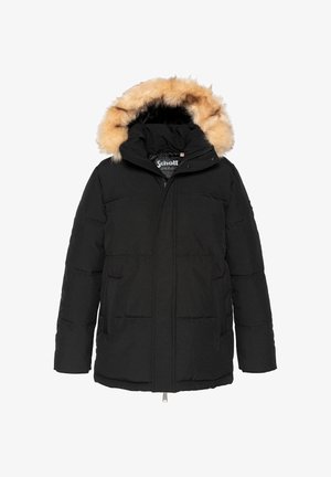 Parka acolchada negra con capucha de piel sintética desmontable. Cuenta con un cierre central, dos bolsillos frontales y una etiqueta de logo en el interior.