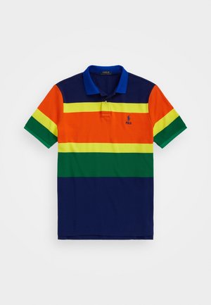Korte mouw polo met horizontale strepen in marineblauw, groen, geel en oranje, voorzien van een blauwe kraag en het Polo Ralph Lauren-logo.