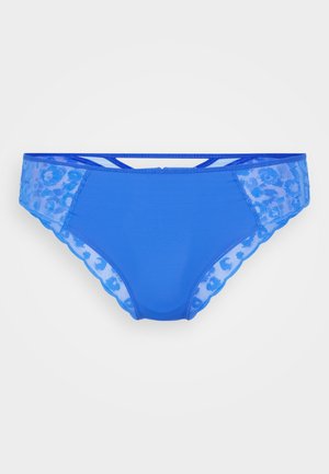 Blue bikini panties featuring a solid front and sheer lace sides with a floral pattern. The edges have a scalloped design and thin straps.
