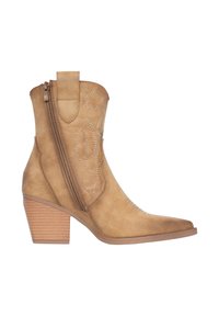 Botines marrones claros con punta afilada, cremallera lateral y tacón texturizado. Presentan costuras decorativas y un material suave similar al ante.